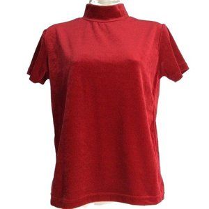 4/$25 Vintage All Points Velour Top Red Mock Neck Short Sleeve Retro Y2K Women M